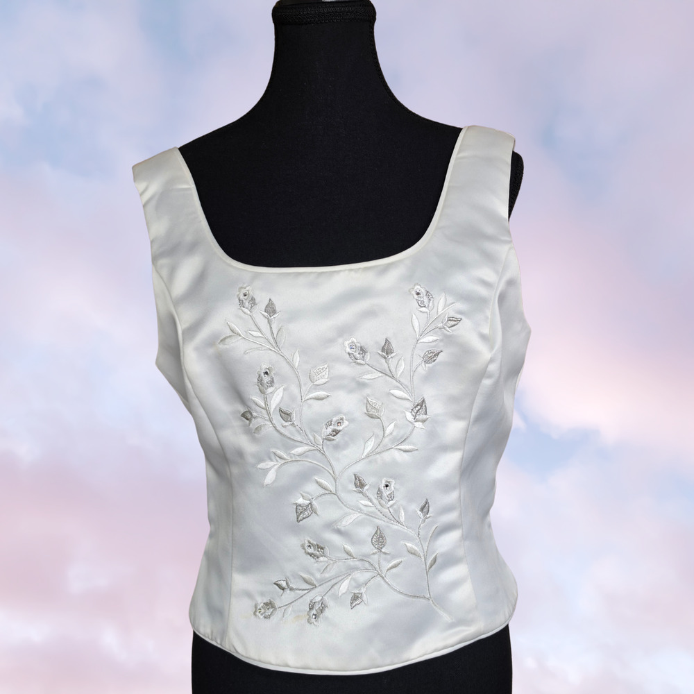 Vtg 90s Jessica McClintock White Bridal Satin Floral Embroidery Corset Top Sz 14